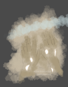 A digital drawing of hands with glowing spots on them, like they were broken open and light is emanating from them. There is some color in the area around the hands, like a fog, and darkness near the edges of the image.