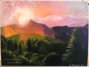 An acrylic painting of the sun, either rising or setting, just behind the top of a mountain, with evergreen trees in the foreground. The sunset/sunrise sky is mostly pink.