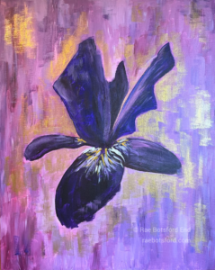 An acrylic painting of a purple iris flower on a background of lighter purple and shiny gold.